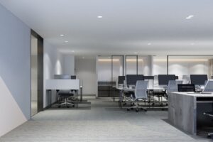 working area in modern office with carpet floor and meeting room interior 3d rendering